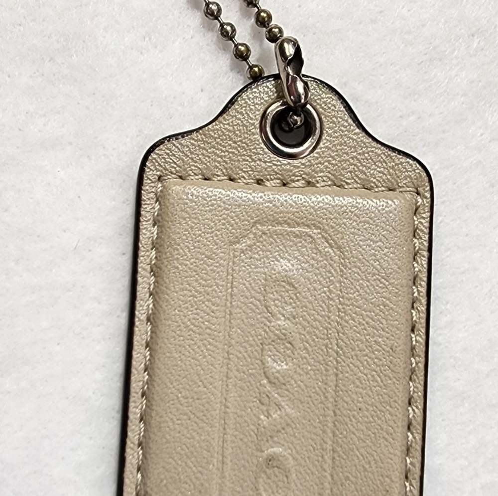 Coach Beige Leather Key Fob Tag with Silver Chain